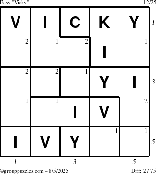 The grouppuzzles.com Easy Vicky puzzle for Tuesday August 5, 2025 with all 2 steps marked
