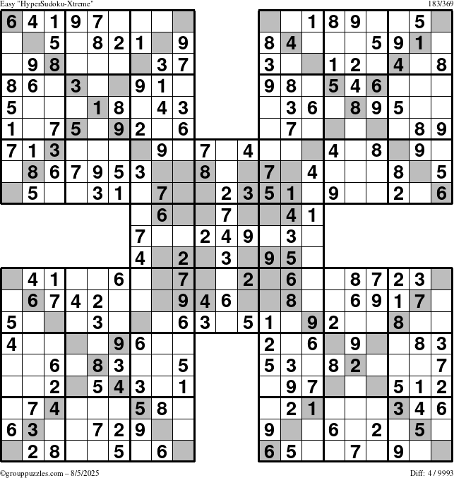 The grouppuzzles.com Easy HyperSudoku-Xtreme puzzle for Tuesday August 5, 2025