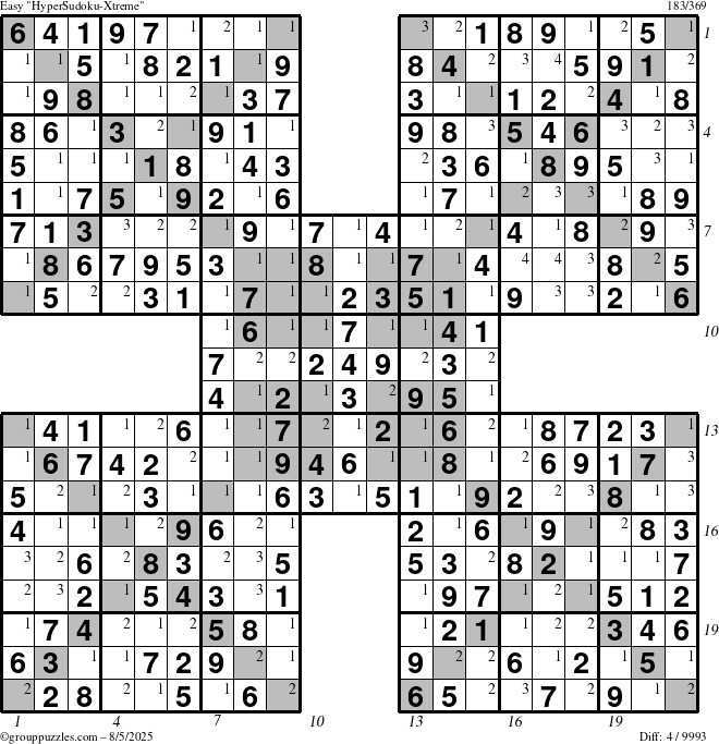 The grouppuzzles.com Easy HyperSudoku-Xtreme puzzle for Tuesday August 5, 2025 with all 4 steps marked