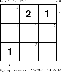 The grouppuzzles.com Easy TicTac-123 puzzle for Saturday May 9, 2026, suitable for printing, with all 2 steps marked