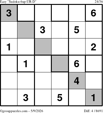 The grouppuzzles.com Easy Sudoku-6up-UR-D puzzle for Saturday May 9, 2026