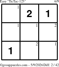 The grouppuzzles.com Easy TicTac-123 puzzle for Saturday May 9, 2026 with the first 2 steps marked