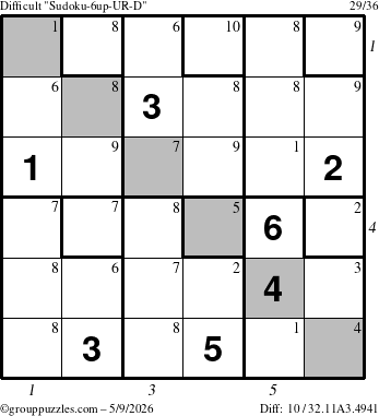 The grouppuzzles.com Difficult Sudoku-6up-UR-D puzzle for Saturday May 9, 2026, suitable for printing, with all 10 steps marked