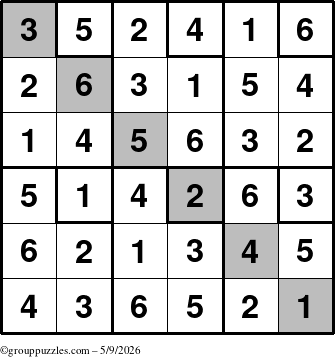 The grouppuzzles.com Answer grid for the Sudoku-6up-UR-D puzzle for Saturday May 9, 2026