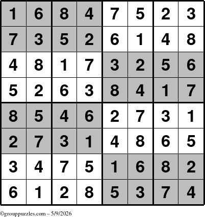 The grouppuzzles.com Answer grid for the SuperSudoku-8 puzzle for Saturday May 9, 2026