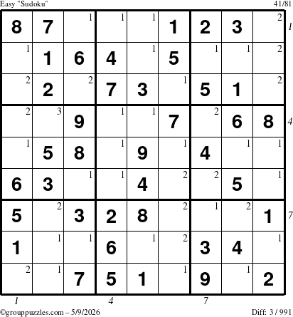 The grouppuzzles.com Easy Sudoku puzzle for Saturday May 9, 2026 with all 3 steps marked