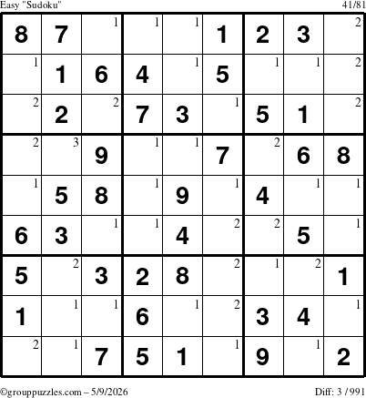The grouppuzzles.com Easy Sudoku puzzle for Saturday May 9, 2026 with the first 3 steps marked