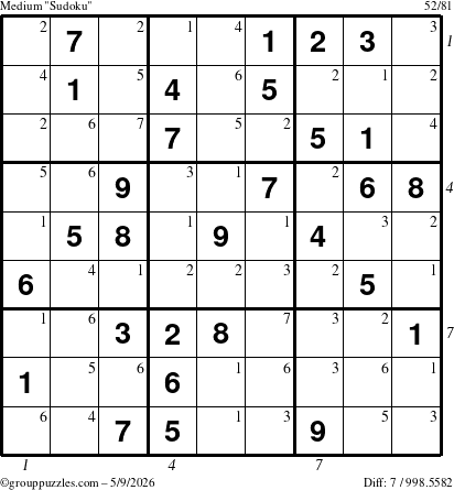The grouppuzzles.com Medium Sudoku puzzle for Saturday May 9, 2026, suitable for printing, with all 7 steps marked