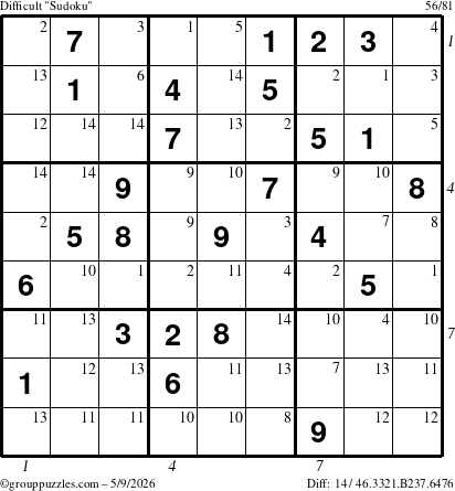 The grouppuzzles.com Difficult Sudoku puzzle for Saturday May 9, 2026 with all 14 steps marked