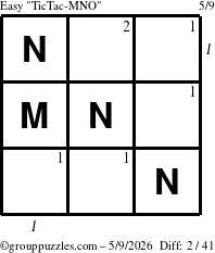 The grouppuzzles.com Easy TicTac-MNO puzzle for Saturday May 9, 2026 with all 2 steps marked