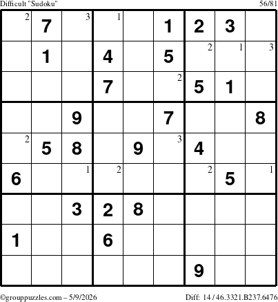 The grouppuzzles.com Difficult Sudoku puzzle for Saturday May 9, 2026 with the first 3 steps marked