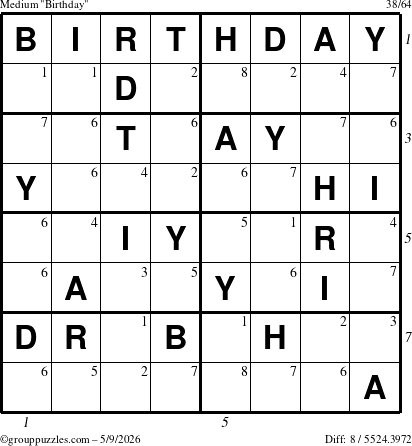 The grouppuzzles.com Medium Birthday puzzle for Saturday May 9, 2026, suitable for printing, with all 8 steps marked