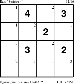 The grouppuzzles.com Easy Sudoku-4 puzzle for Thursday December 4, 2025 with the first 3 steps marked