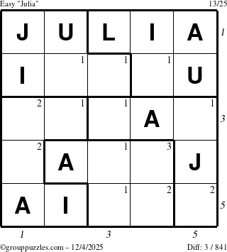 The grouppuzzles.com Easy Julia puzzle for Thursday December 4, 2025, suitable for printing, with all 3 steps marked