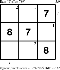 The grouppuzzles.com Easy TicTac-789 puzzle for Thursday December 4, 2025, suitable for printing, with all 2 steps marked