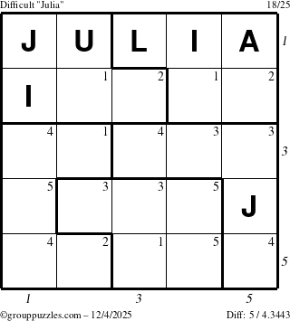 The grouppuzzles.com Difficult Julia puzzle for Thursday December 4, 2025, suitable for printing, with all 5 steps marked