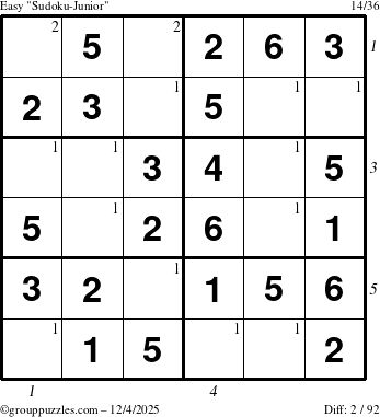 The grouppuzzles.com Easy Sudoku-Junior puzzle for Thursday December 4, 2025, suitable for printing, with all 2 steps marked
