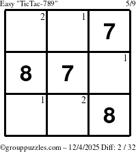 The grouppuzzles.com Easy TicTac-789 puzzle for Thursday December 4, 2025 with the first 2 steps marked