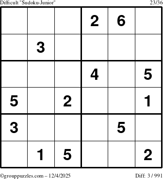 The grouppuzzles.com Difficult Sudoku-Junior puzzle for Thursday December 4, 2025