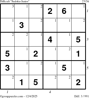 The grouppuzzles.com Difficult Sudoku-Junior puzzle for Thursday December 4, 2025 with all 3 steps marked