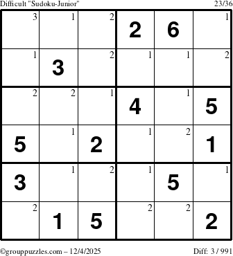 The grouppuzzles.com Difficult Sudoku-Junior puzzle for Thursday December 4, 2025 with the first 3 steps marked