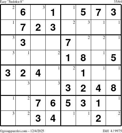The grouppuzzles.com Easy Sudoku-8 puzzle for Thursday December 4, 2025 with the first 3 steps marked