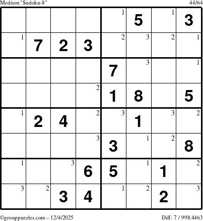The grouppuzzles.com Medium Sudoku-8 puzzle for Thursday December 4, 2025 with the first 3 steps marked