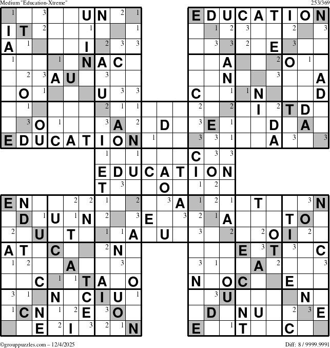 The grouppuzzles.com Medium Education-Xtreme puzzle for Thursday December 4, 2025 with the first 3 steps marked