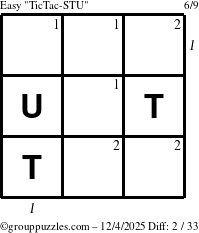 The grouppuzzles.com Easy TicTac-STU puzzle for Thursday December 4, 2025, suitable for printing, with all 2 steps marked