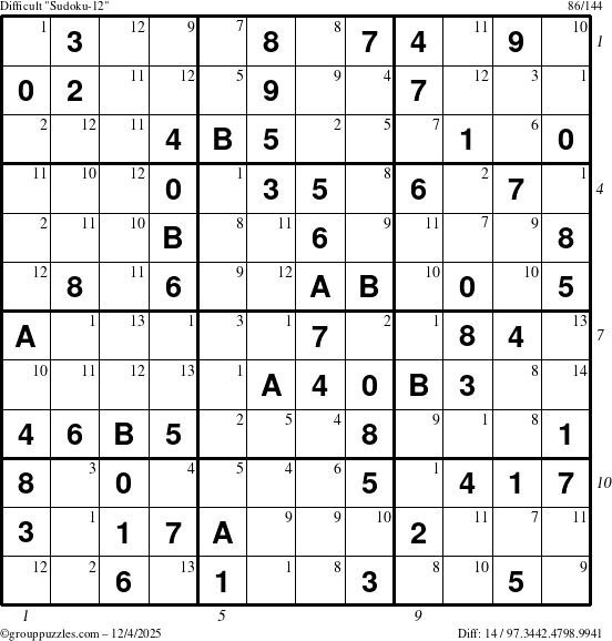 The grouppuzzles.com Difficult Sudoku-12 puzzle for Thursday December 4, 2025 with all 14 steps marked