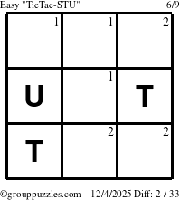 The grouppuzzles.com Easy TicTac-STU puzzle for Thursday December 4, 2025 with the first 2 steps marked