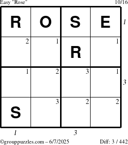 The grouppuzzles.com Easy Rose puzzle for Saturday June 7, 2025, suitable for printing, with all 3 steps marked