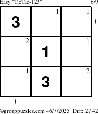 The grouppuzzles.com Easy TicTac-123 puzzle for Saturday June 7, 2025 with all 2 steps marked