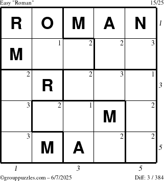 The grouppuzzles.com Easy Roman puzzle for Saturday June 7, 2025 with all 3 steps marked