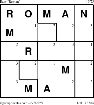 The grouppuzzles.com Easy Roman puzzle for Saturday June 7, 2025 with the first 3 steps marked