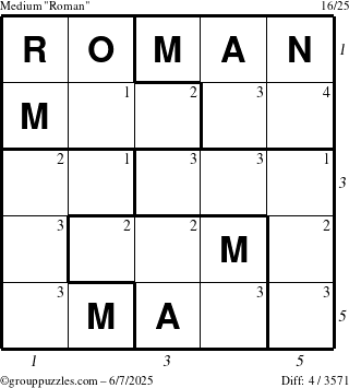 The grouppuzzles.com Medium Roman puzzle for Saturday June 7, 2025 with all 4 steps marked