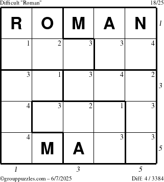 The grouppuzzles.com Difficult Roman puzzle for Saturday June 7, 2025 with all 4 steps marked