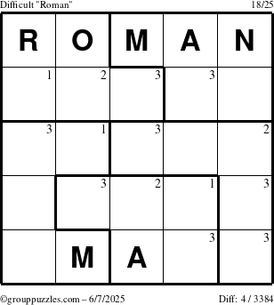 The grouppuzzles.com Difficult Roman puzzle for Saturday June 7, 2025 with the first 3 steps marked