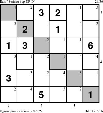 The grouppuzzles.com Easy Sudoku-6up-UR-D puzzle for Saturday June 7, 2025 with all 4 steps marked