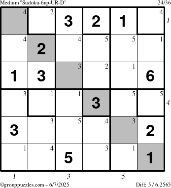 The grouppuzzles.com Medium Sudoku-6up-UR-D puzzle for Saturday June 7, 2025 with all 5 steps marked