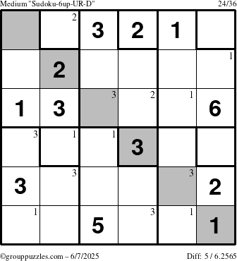 The grouppuzzles.com Medium Sudoku-6up-UR-D puzzle for Saturday June 7, 2025 with the first 3 steps marked