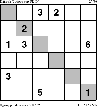 The grouppuzzles.com Difficult Sudoku-6up-UR-D puzzle for Saturday June 7, 2025