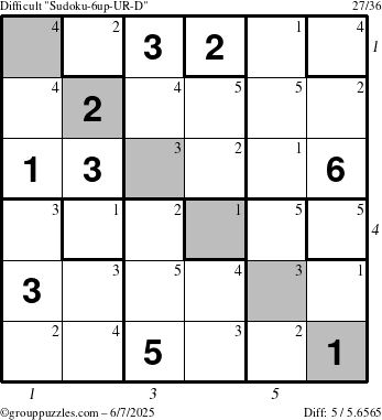 The grouppuzzles.com Difficult Sudoku-6up-UR-D puzzle for Saturday June 7, 2025, suitable for printing, with all 5 steps marked