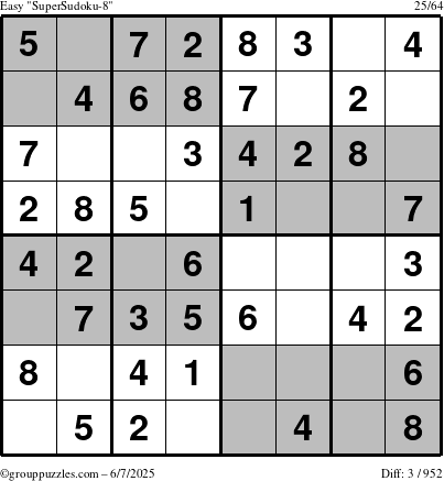 The grouppuzzles.com Easy SuperSudoku-8 puzzle for Saturday June 7, 2025