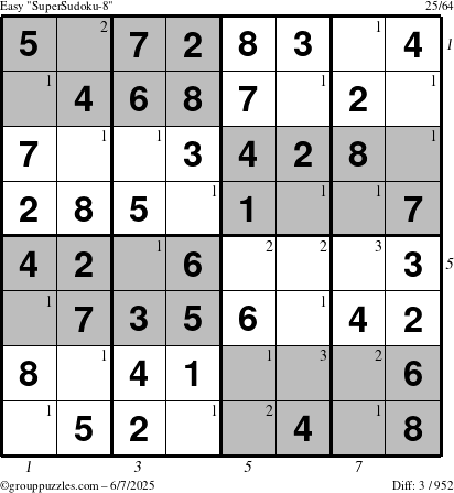 The grouppuzzles.com Easy SuperSudoku-8 puzzle for Saturday June 7, 2025, suitable for printing, with all 3 steps marked