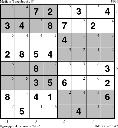 The grouppuzzles.com Medium SuperSudoku-8 puzzle for Saturday June 7, 2025 with all 7 steps marked