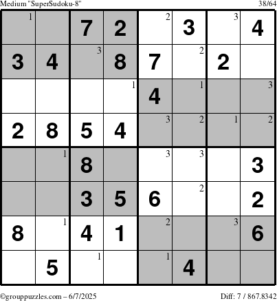 The grouppuzzles.com Medium SuperSudoku-8 puzzle for Saturday June 7, 2025 with the first 3 steps marked