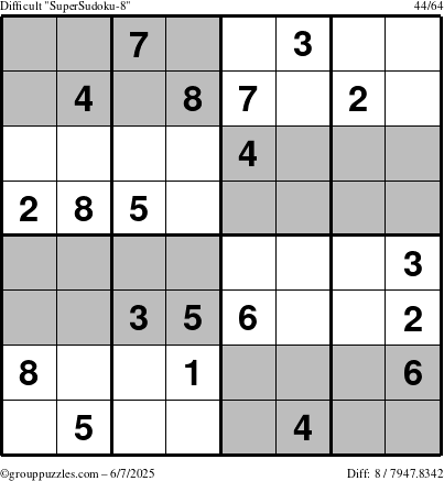 The grouppuzzles.com Difficult SuperSudoku-8 puzzle for Saturday June 7, 2025