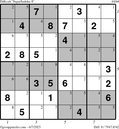 The grouppuzzles.com Difficult SuperSudoku-8 puzzle for Saturday June 7, 2025, suitable for printing, with all 8 steps marked