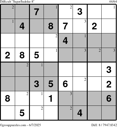 The grouppuzzles.com Difficult SuperSudoku-8 puzzle for Saturday June 7, 2025 with the first 3 steps marked